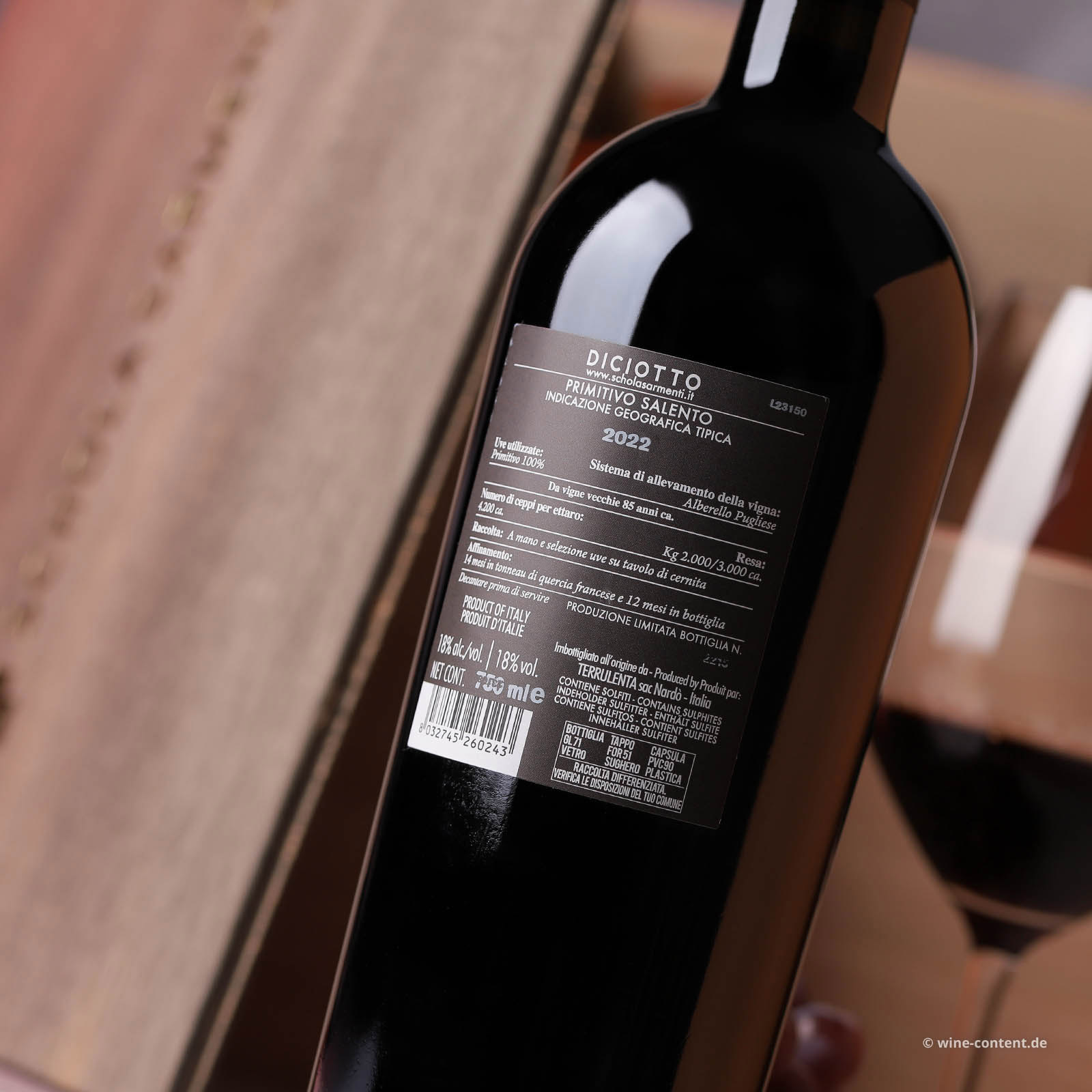6er-Holzkiste Primitivo Salento 2022 Diciotto